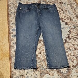 Torrid Medium Blue Cropped Jeans With White Hearts Detail.